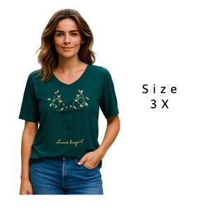 City Streets Green 3X Holiday Reindeer “Shine Bright”Christmas Tee–Gold Accents